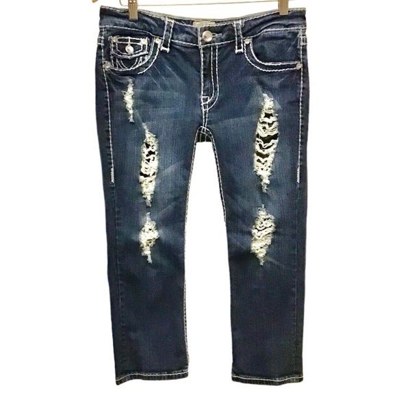 L.A. Idol 11 Cropped Capri Jeans Low Rise Embellished Flap Pockets Distressed - Picture 2 of 10